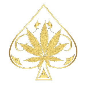 Ace Ultra Premium emblem — gold spade outline enclosing a gold cannabis leaf
