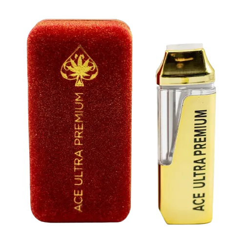 Ace Ultra Premium 2g disposable vape device beside its gold retail box