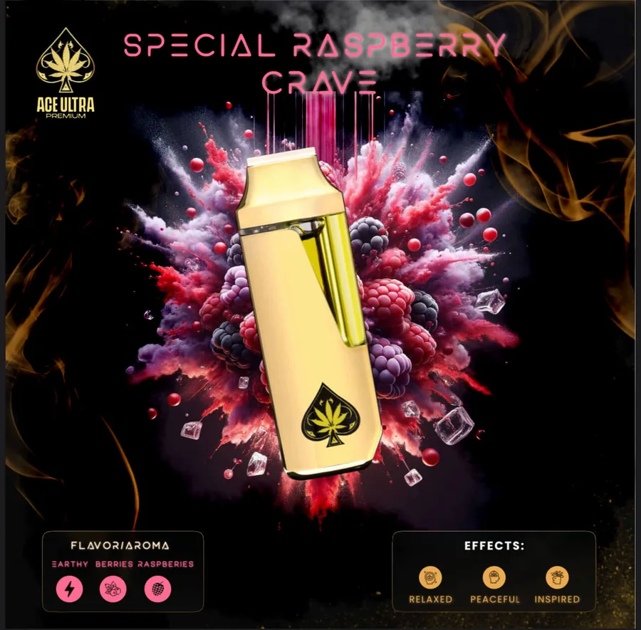 Ace Ultra Special Raspberry Crave — gold Ace Ultra Premium 2g disposable vape device beside its black and gold case, Special Raspberry Crave flavour