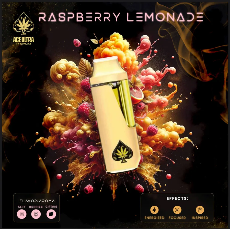 Ace Ultra Raspberry Lemonade — gold Ace Ultra Premium 2g disposable vape device beside its black and gold case, Raspberry Lemonade flavour