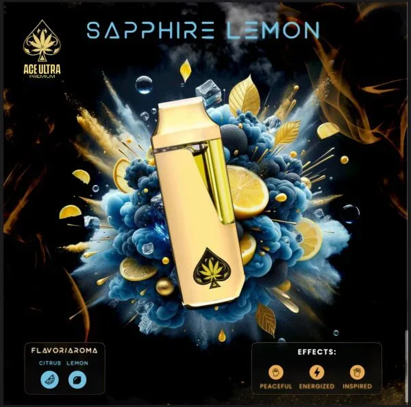 Ace Ultra Sapphire Lemon — gold Ace Ultra Premium 2g disposable vape device beside its black and gold case, Sapphire Lemon flavour