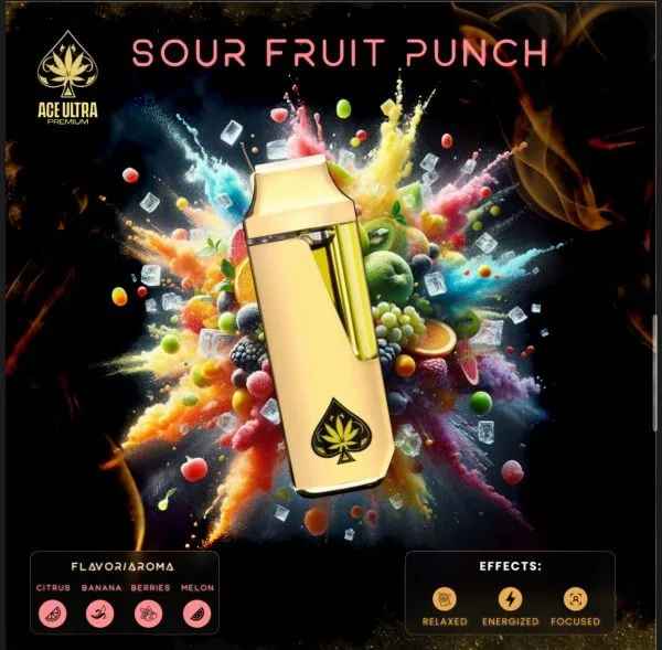 Ace Ultra Sour Fruit Punch — gold Ace Ultra Premium 2g disposable vape device beside its black and gold case, Sour Fruit Punch flavour