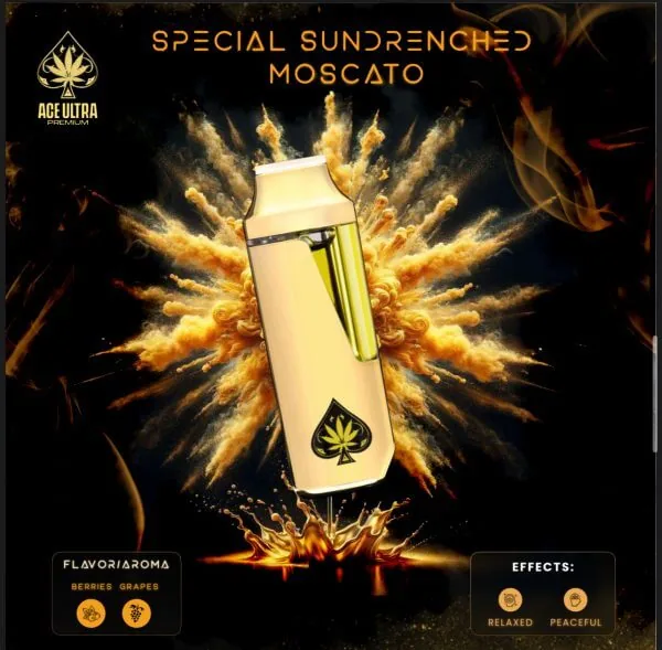 Ace Ultra Special SunDrenched Moscato — gold Ace Ultra Premium 2g disposable vape device beside its black and gold case, SunDrenched Moscato flavour