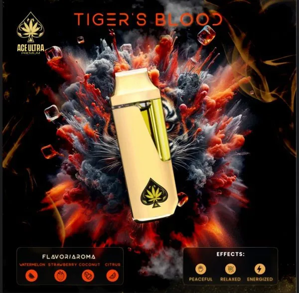 Ace Ultra Tiger's Blood — gold Ace Ultra Premium 2g disposable vape device beside its black and gold case, Tiger's Blood flavour