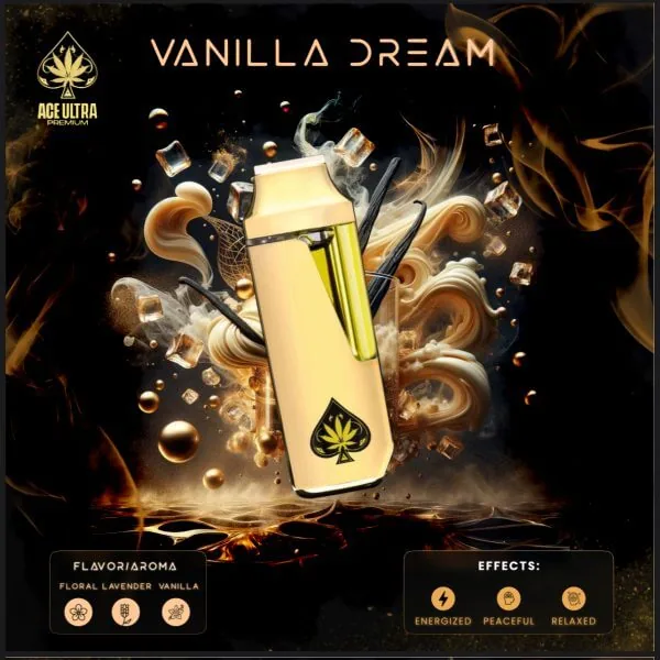 Ace Ultra Vanilla Dream — gold Ace Ultra Premium 2g disposable vape device beside its black and gold case, Vanilla Dream flavour
